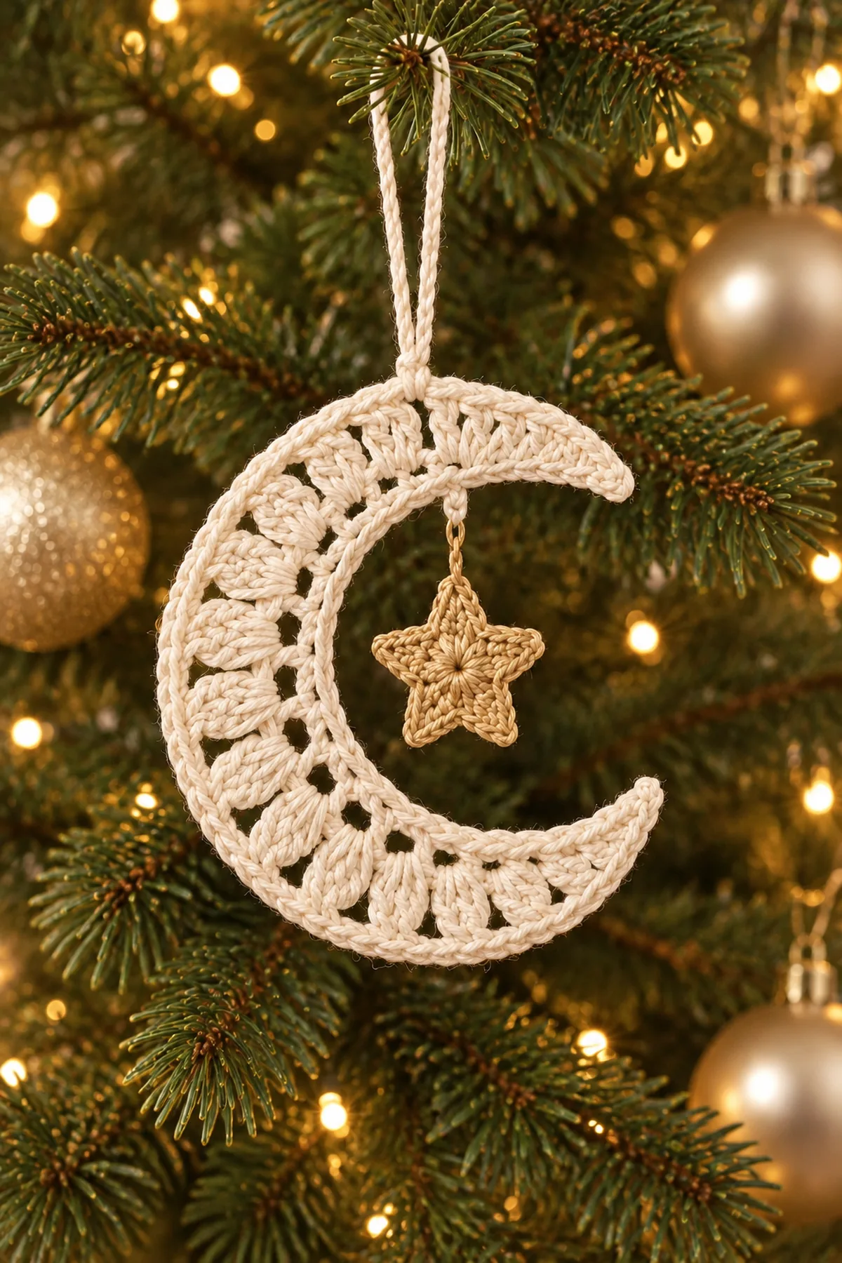 Finished ivory crescent moon and gold star crochet ornament hanging on a Christmas tree