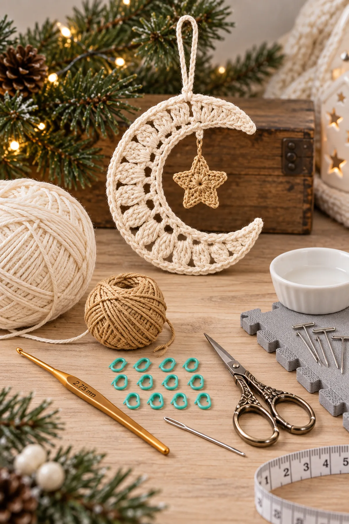 Ivory and camel-gold cotton yarn with crochet hook markers needle scissors and blocking tools