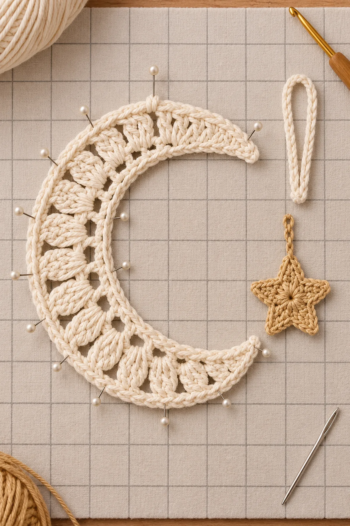 Blocked ivory crescent with twelve lace fans beside one gold star and two suspension cords