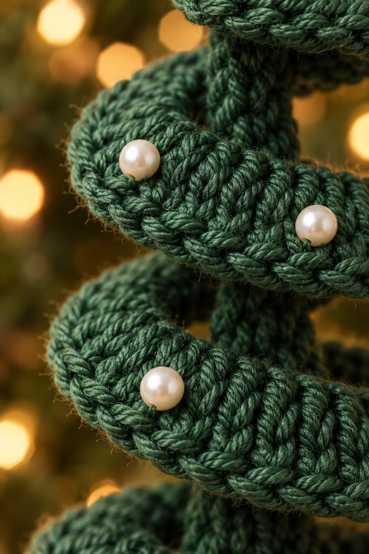 Close view of untrimmed forest-green spiral crochet stitches and securely sewn ivory pearl beads