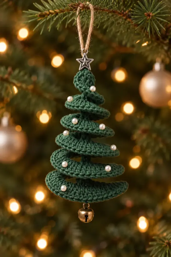 All-green six-turn crochet spiral Christmas tree ornament with nine pearls silver star charm jute loop and brass bell