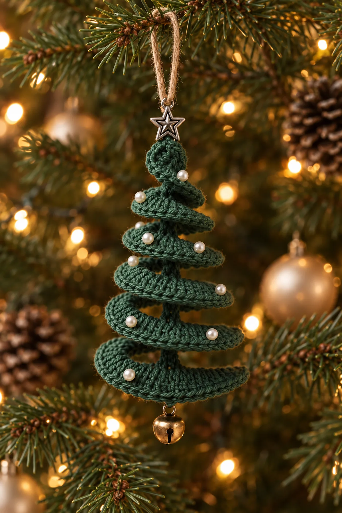 Finished all-green six-turn spiral Christmas tree ornament hanging from a pine branch with star charm and brass bell