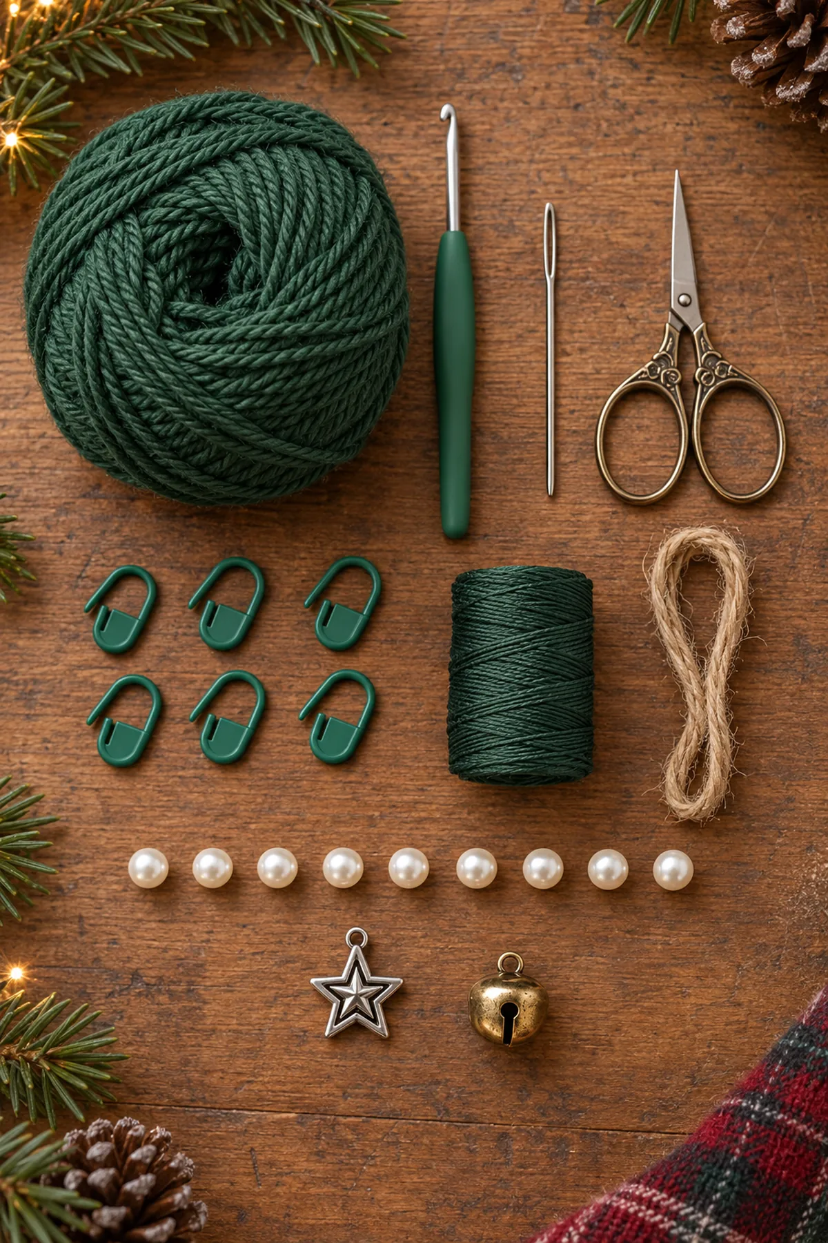 Forest-green yarn hook nine ivory pearls open silver star charm brass bell jute twine needle markers and scissors