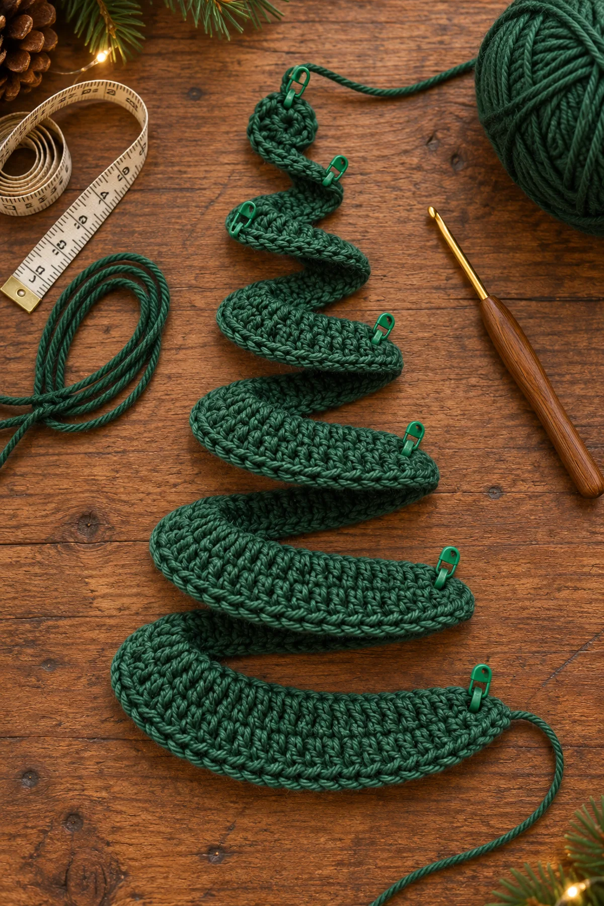 One graduated forest-green crochet spiral divided into six stitch-height zones beside a green support cord