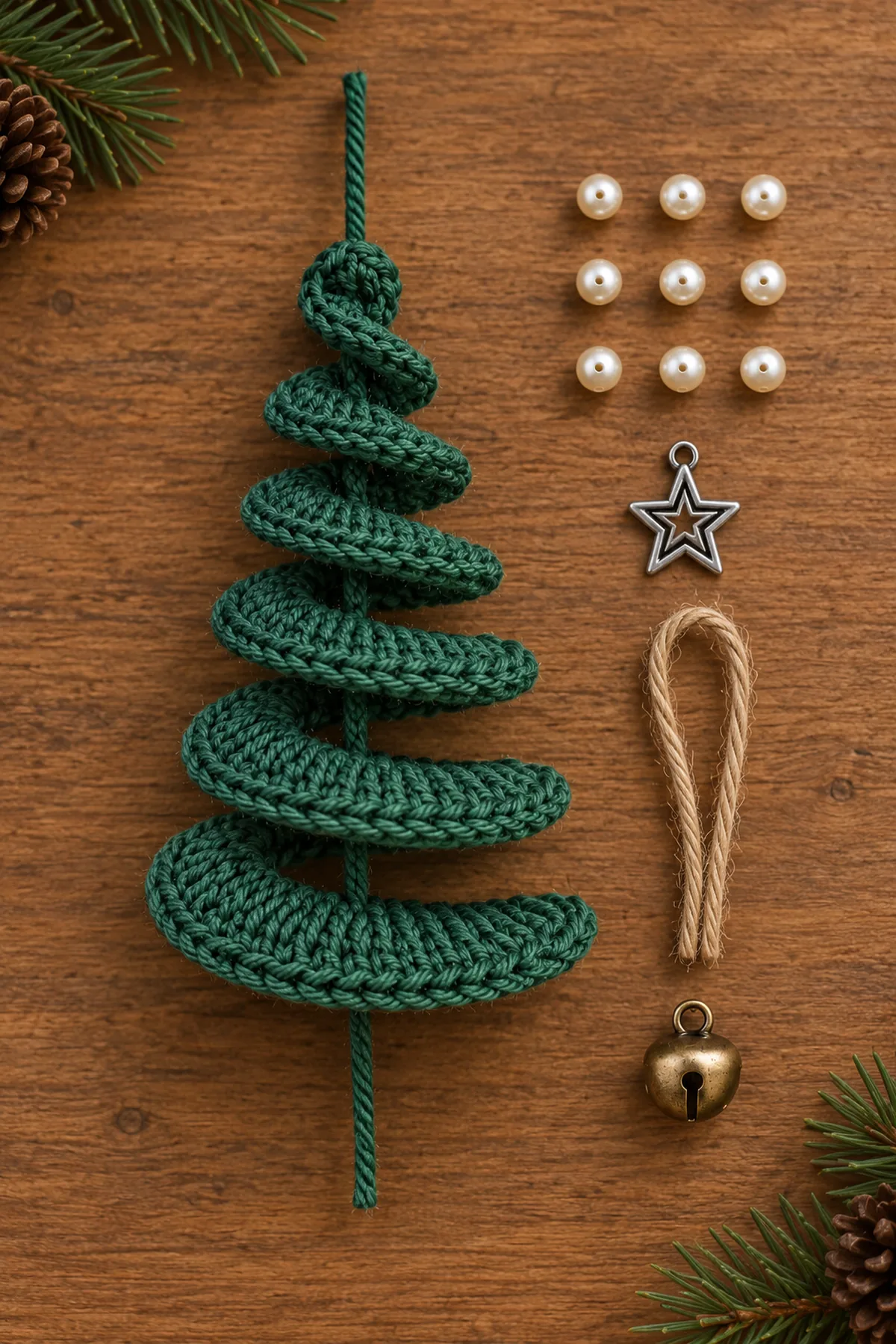 All-green crochet spiral pinned into exactly six widening tree turns with nine pearls star charm and bell arranged nearby