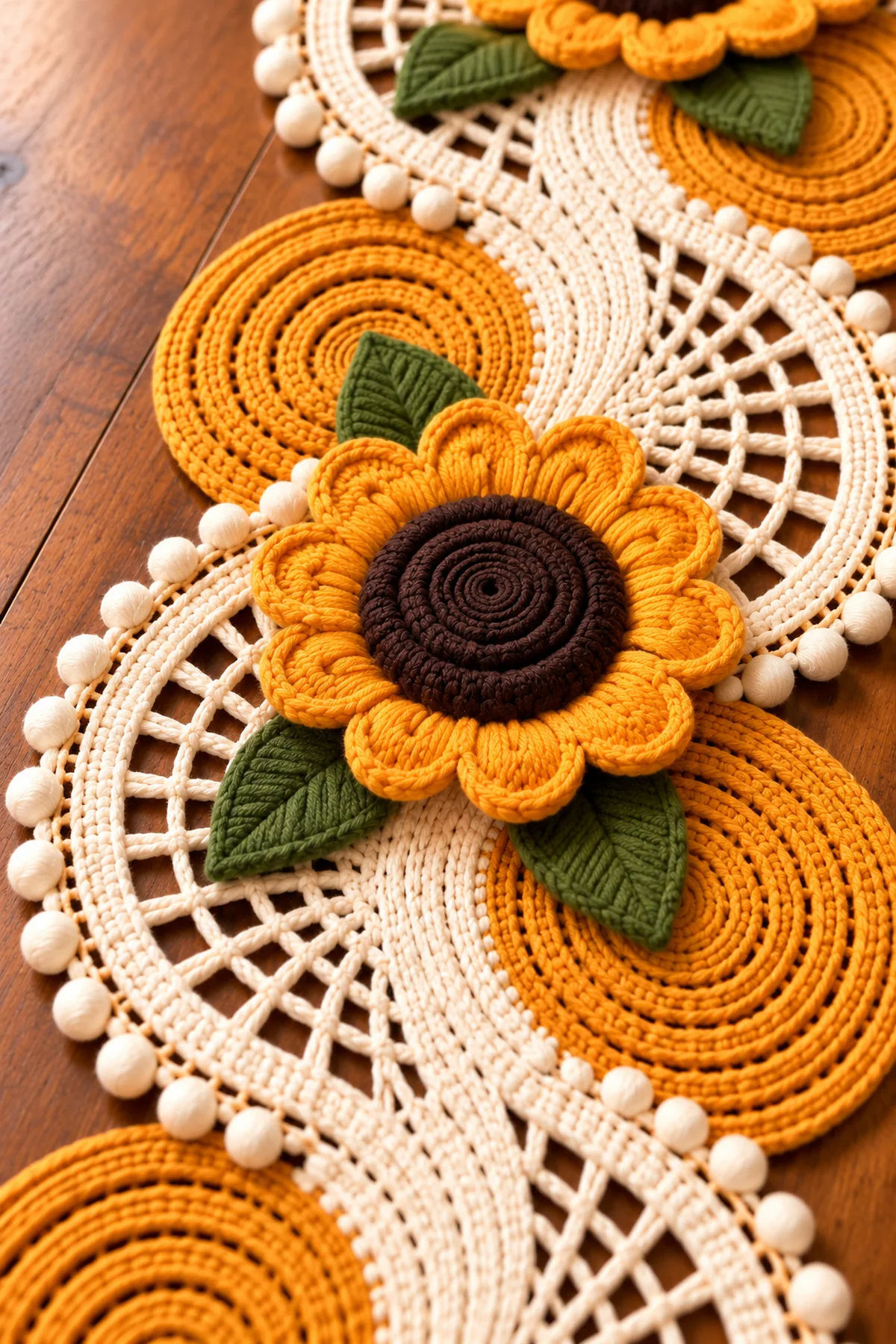 Close view of a dark-brown sunflower center golden raised petals olive veined leaves ivory fan lace and bobble edging