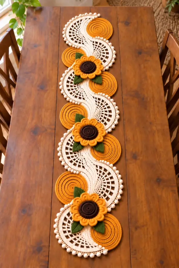 Seven linked mustard-gold disk and ivory fan-lace crochet swirls with three dark-centered sunflowers and nine olive leaves