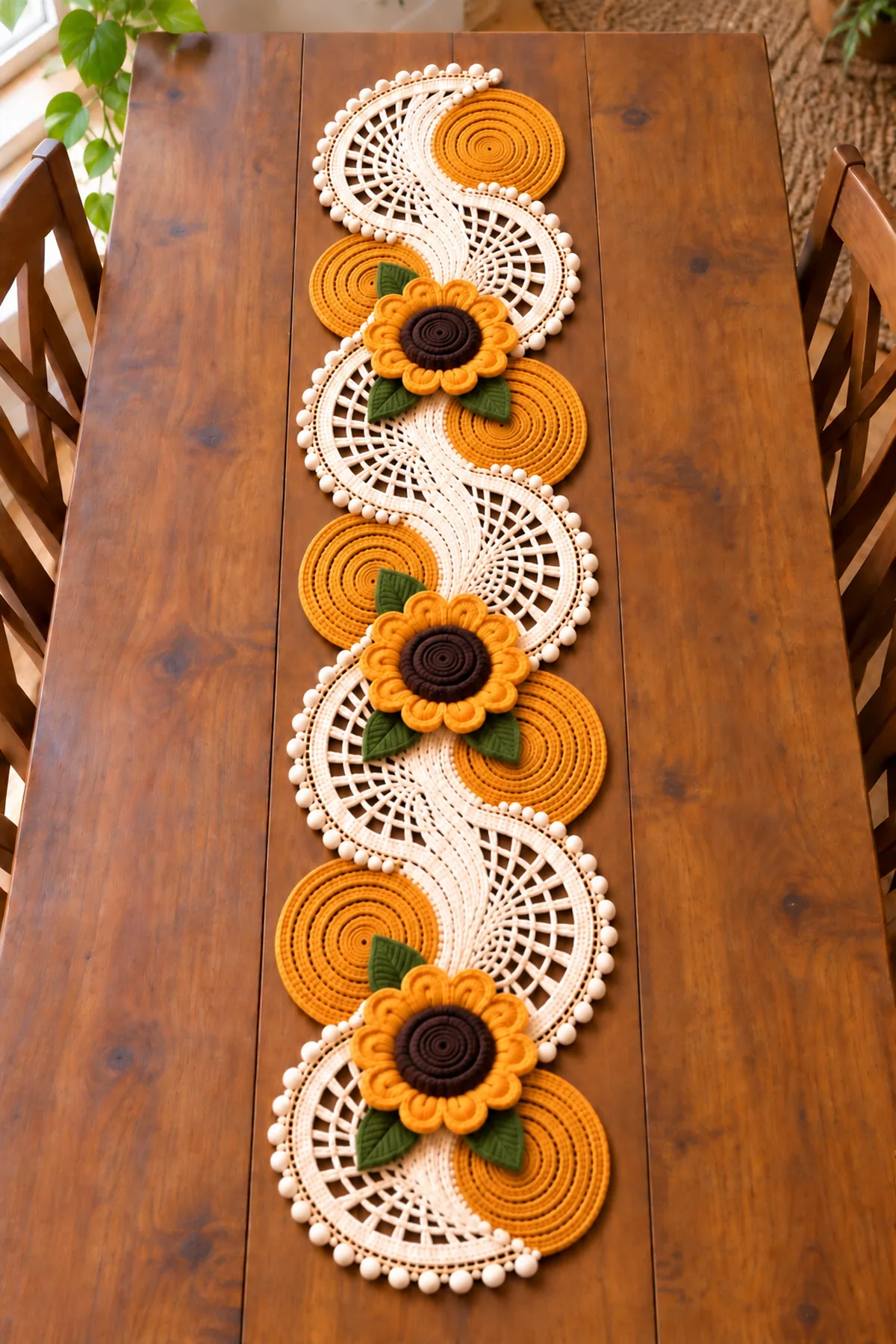 Seven linked mustard-gold disk and ivory fan-lace crochet swirls with three dark-centered sunflowers and nine olive leaves