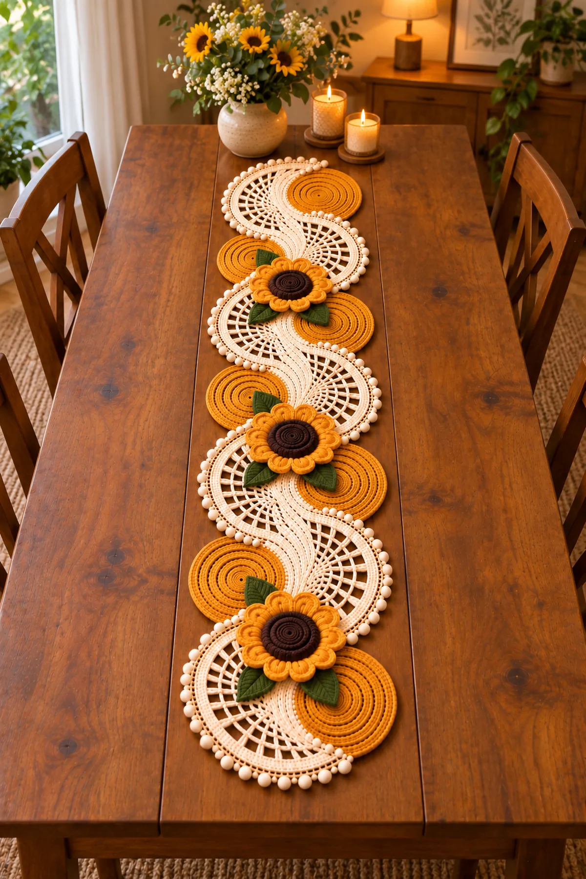 Finished seven-module sunflower lace crochet table runner displayed lengthwise on a warm wooden dining table