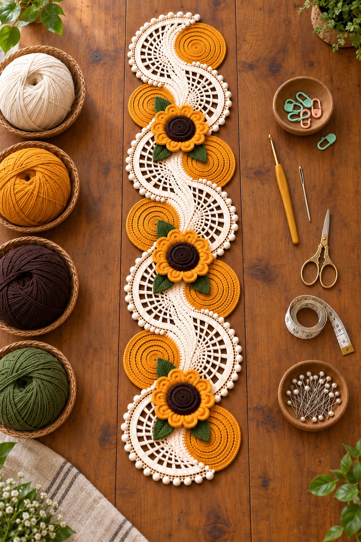 Ivory mustard-gold dark-brown and olive cotton yarn with hook markers needle scissors and blocking tools