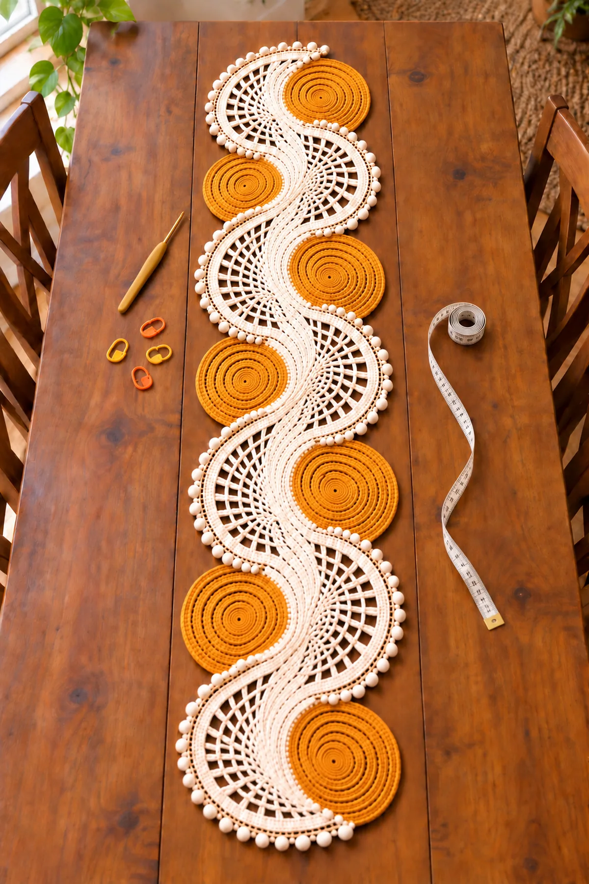 Seven mustard-gold spiral crochet disks beside alternating ivory open fan-lace halves