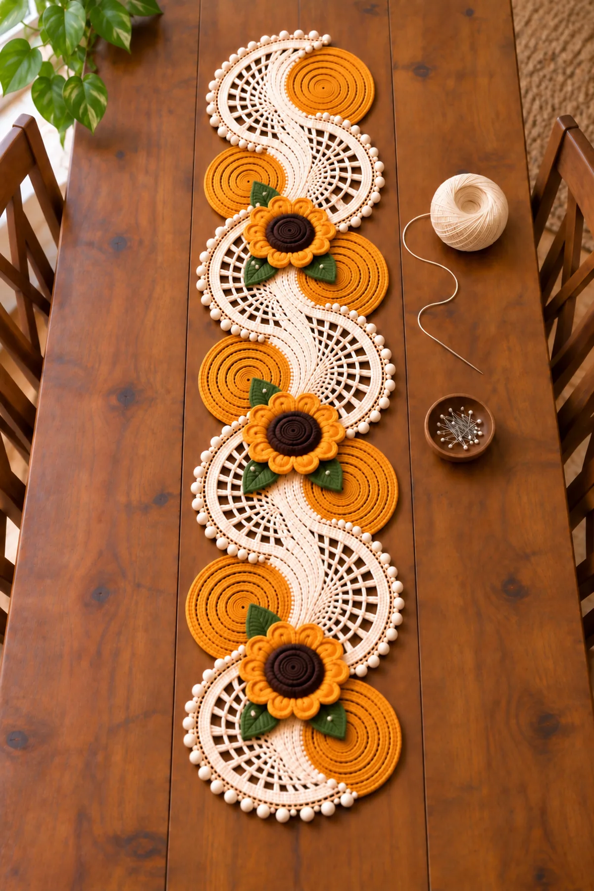 Seven linked mustard and ivory swirl medallions with three sunflowers and nine leaves positioned for sewing