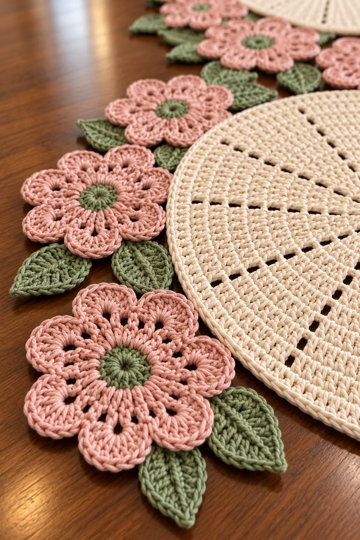 Close view of ivory radial placemat dusty blush open-petal flowers sage centers and pointed veined leaves