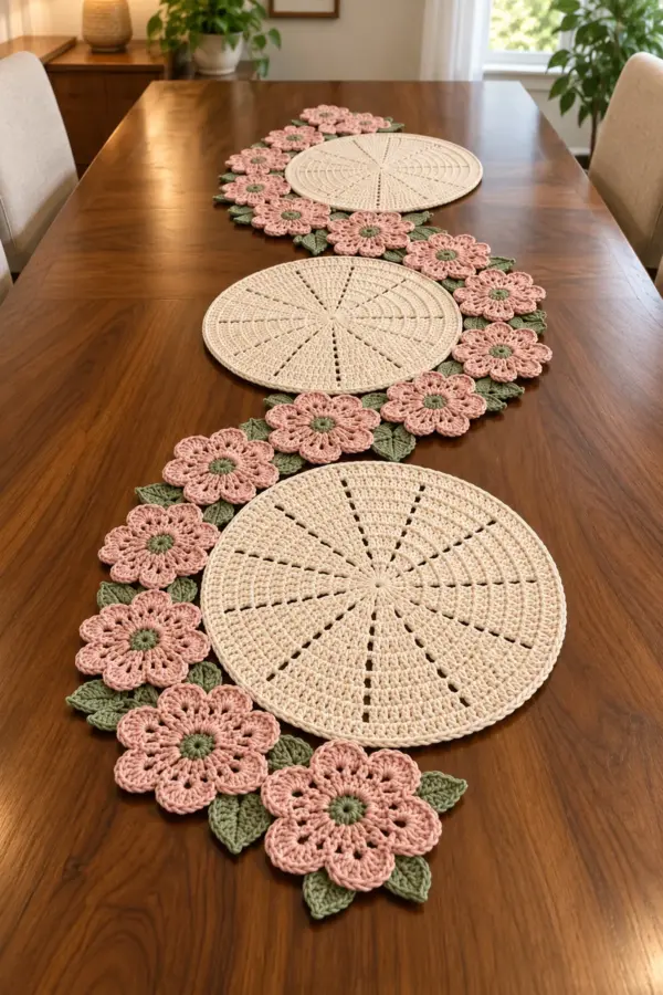 Elegant crochet dining set with three ivory round placemats over a blush flower and sage leaf garland runner