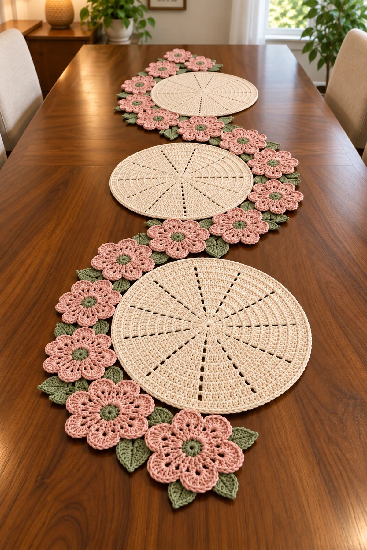 Finished floral crochet runner and three round placemats styled along a warm wooden dining table