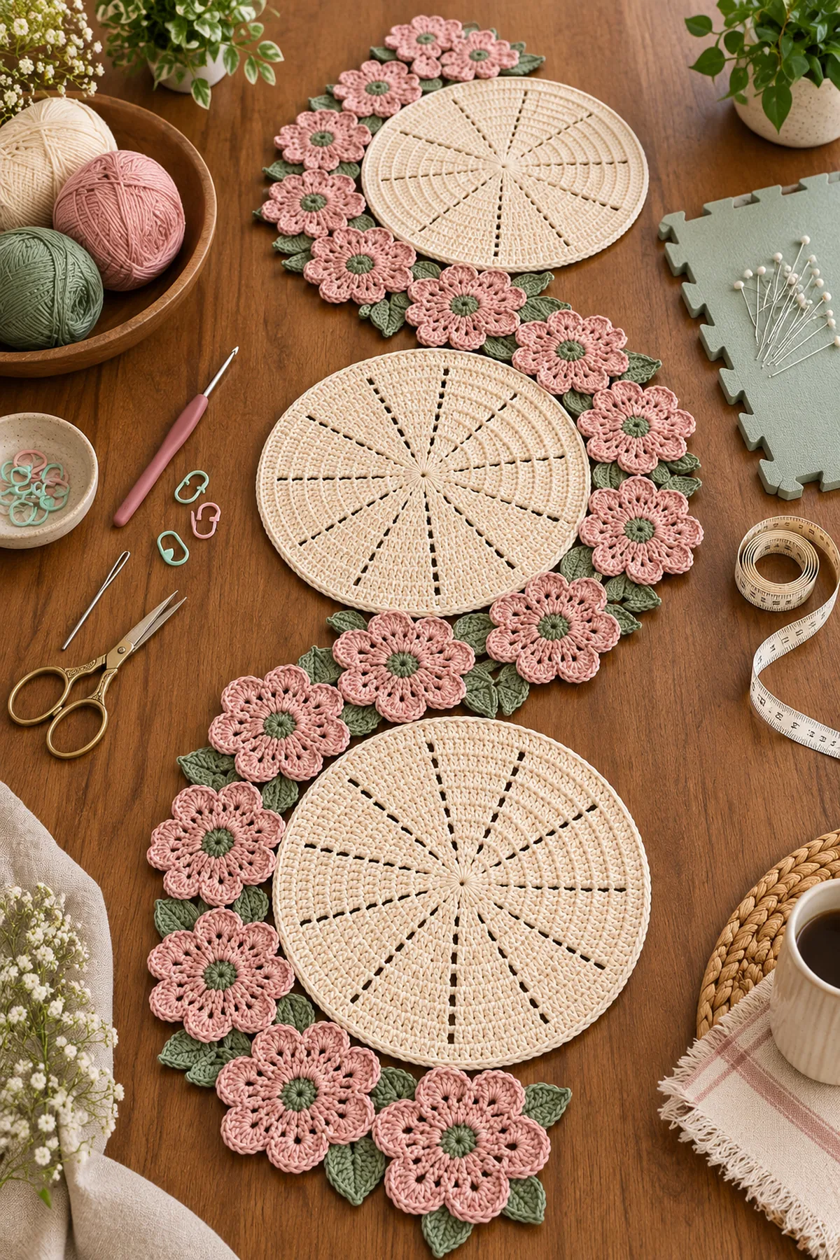 Ivory blush and sage DK cotton yarn with hook markers needle scissors tape measure and blocking tools