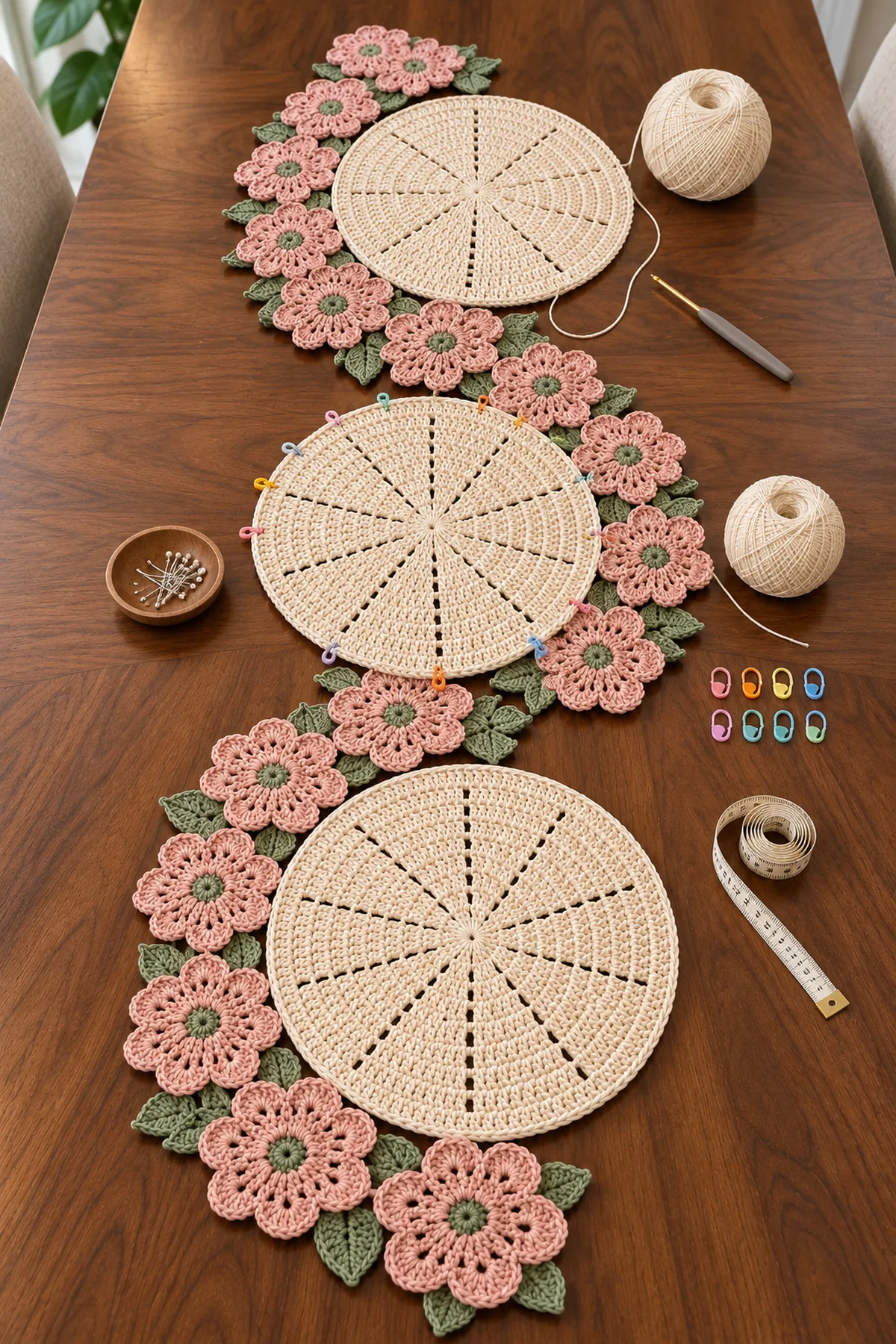 Three ivory round crochet placemats with twelve radial eyelet sectors arranged on blocking mats