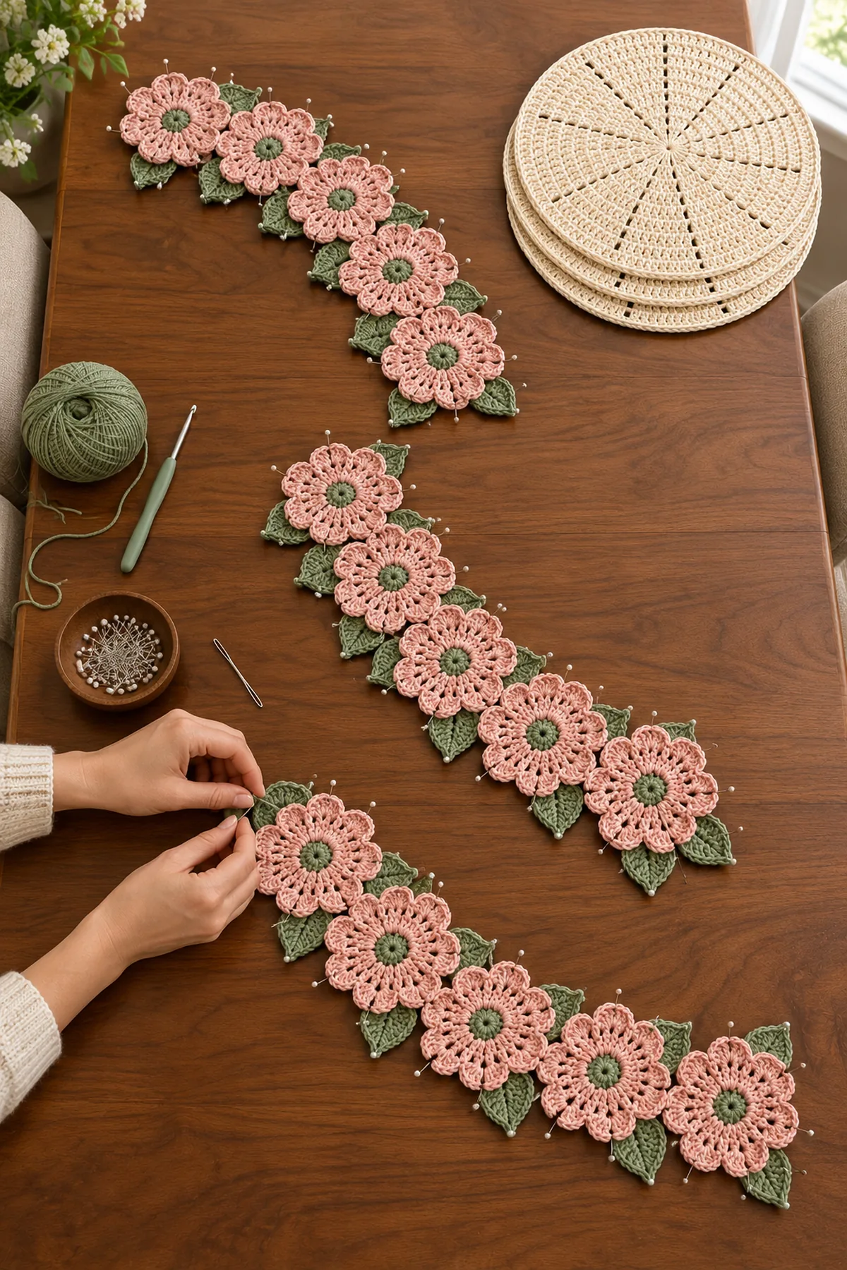 Fifteen blush ten-petal crochet flowers and thirty sage veined leaves pinned into an open garland