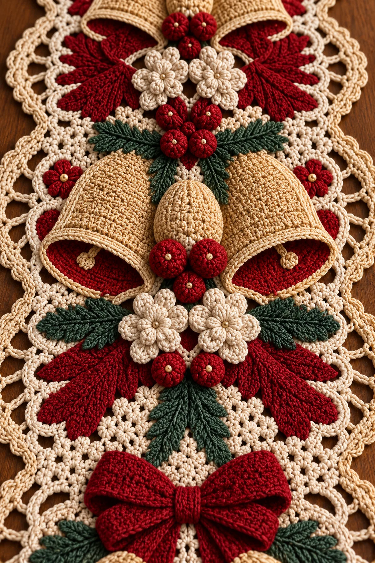 Close view of curved gold crochet bells burgundy bow ivory blossoms evergreen sprigs red berries and scalloped lace