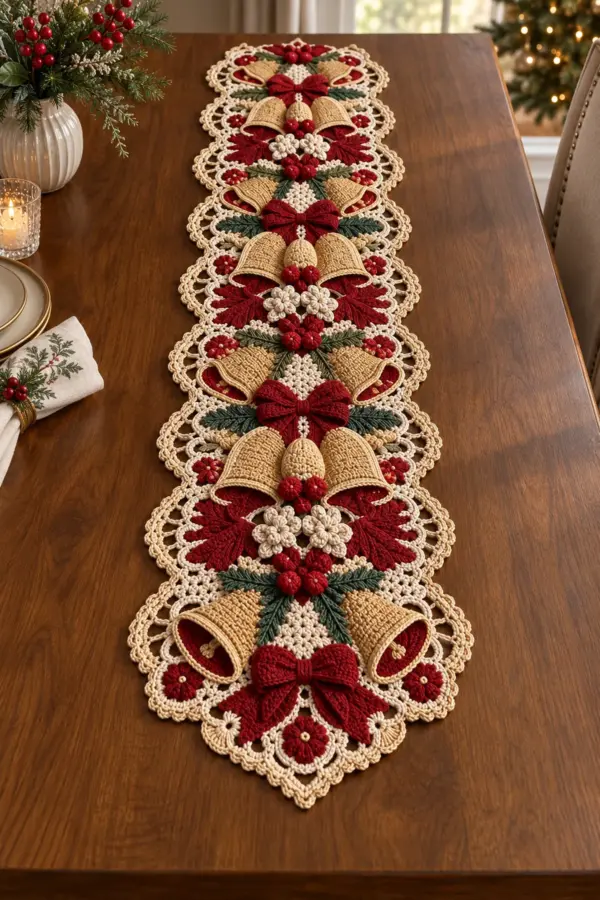 Seven-medallion ivory crochet table runner with seventeen gold bells four burgundy bows flowers greenery and berries