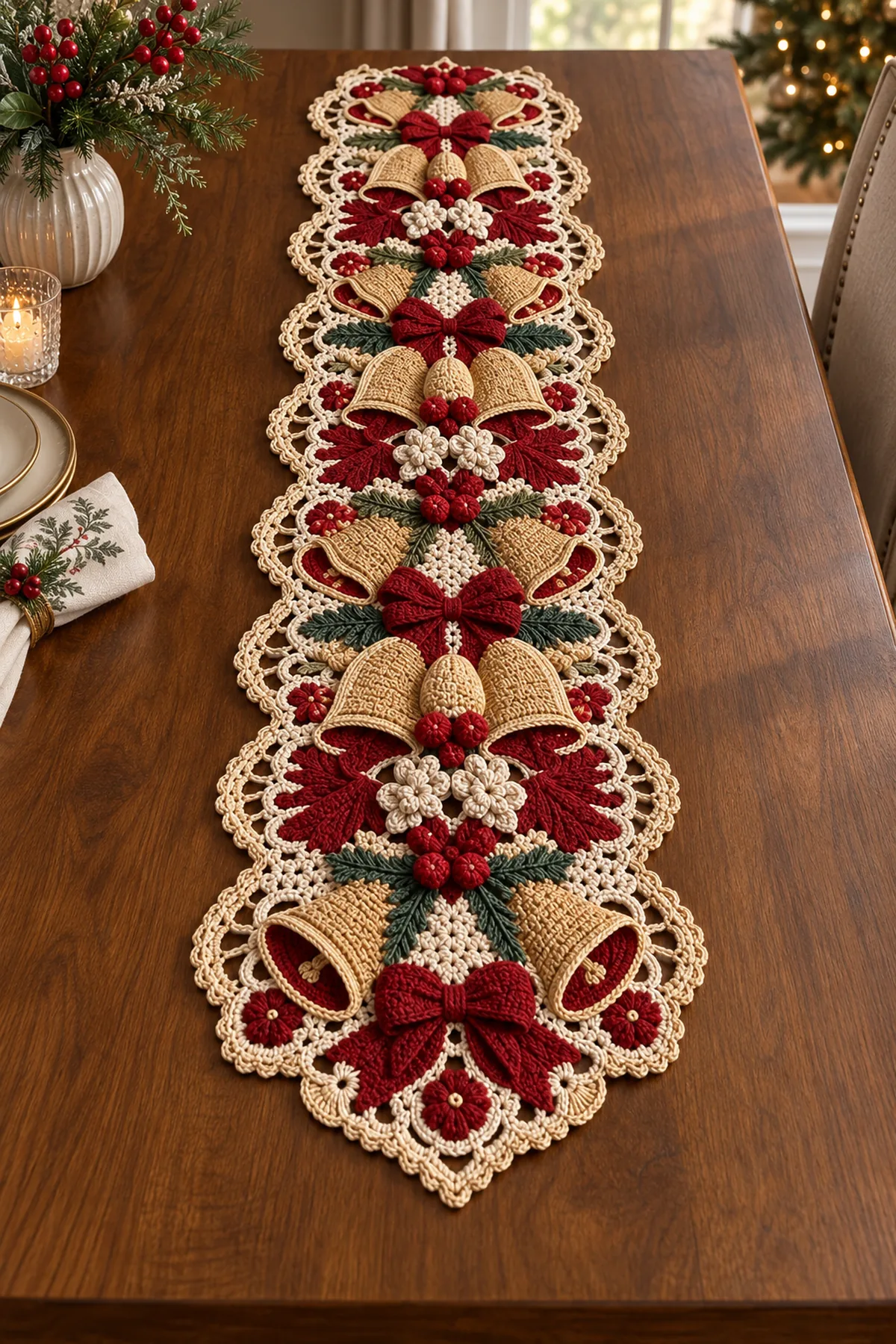 Seven-medallion ivory crochet table runner with seventeen gold bells four burgundy bows flowers greenery and berries