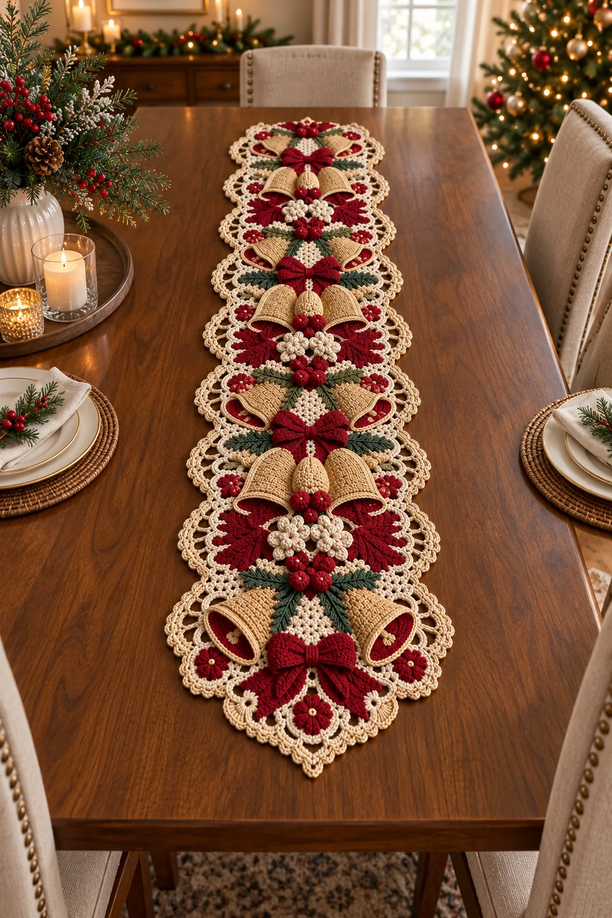 Finished festive bell and bow crochet table runner displayed lengthwise on a wooden dining table