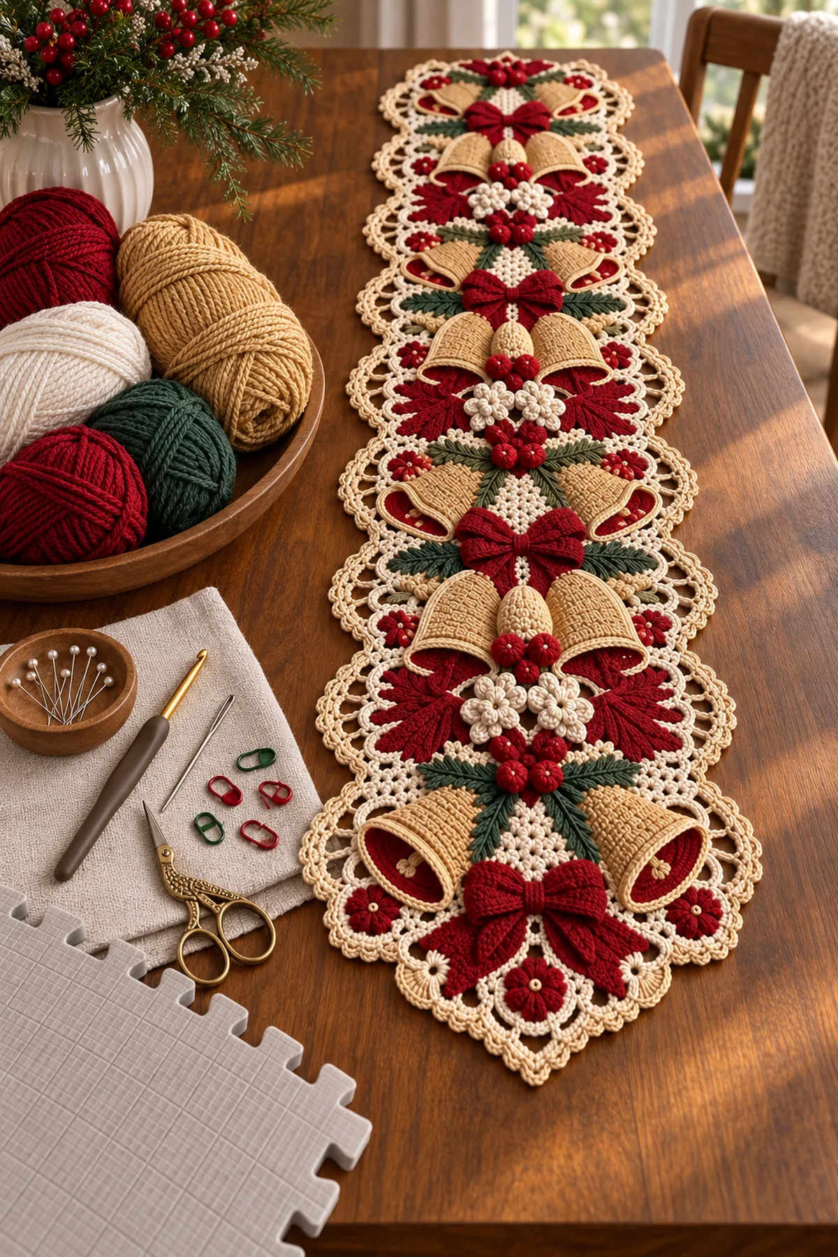 Ivory antique-gold burgundy evergreen and cranberry yarn with hook needle markers scissors and blocking tools