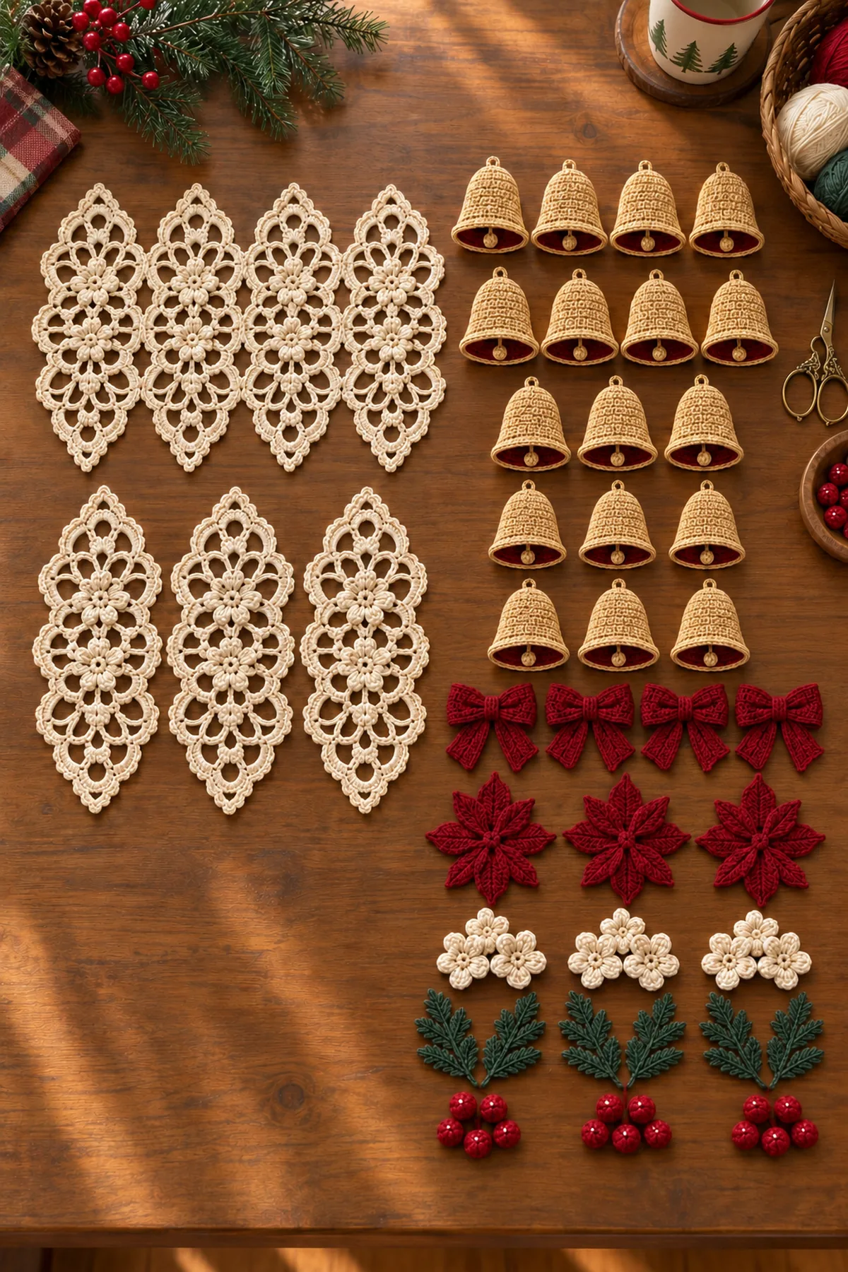 Seven scalloped ivory lace medallions with seventeen shaped antique-gold crochet bells arranged beside them