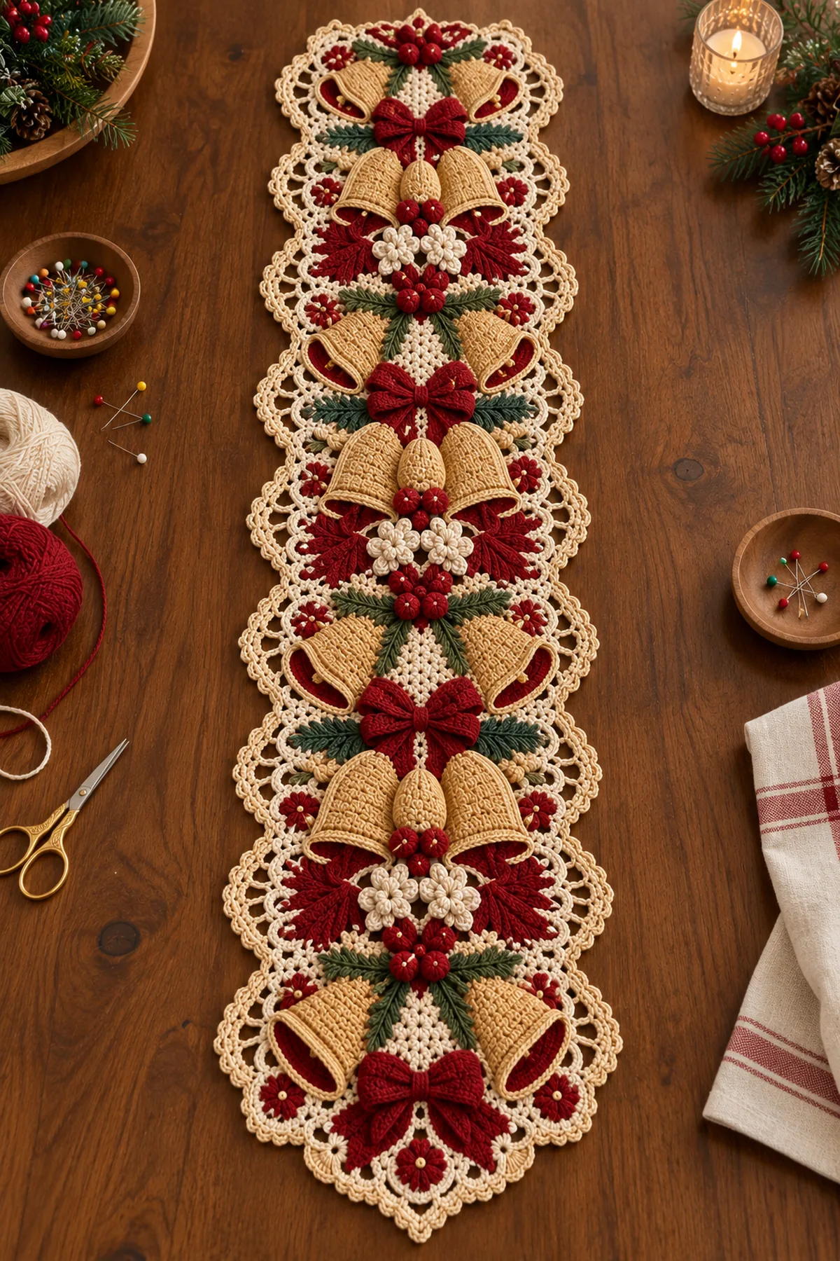 Seven joined ivory medallions with four burgundy bows and three floral triple-bell sections pinned in place