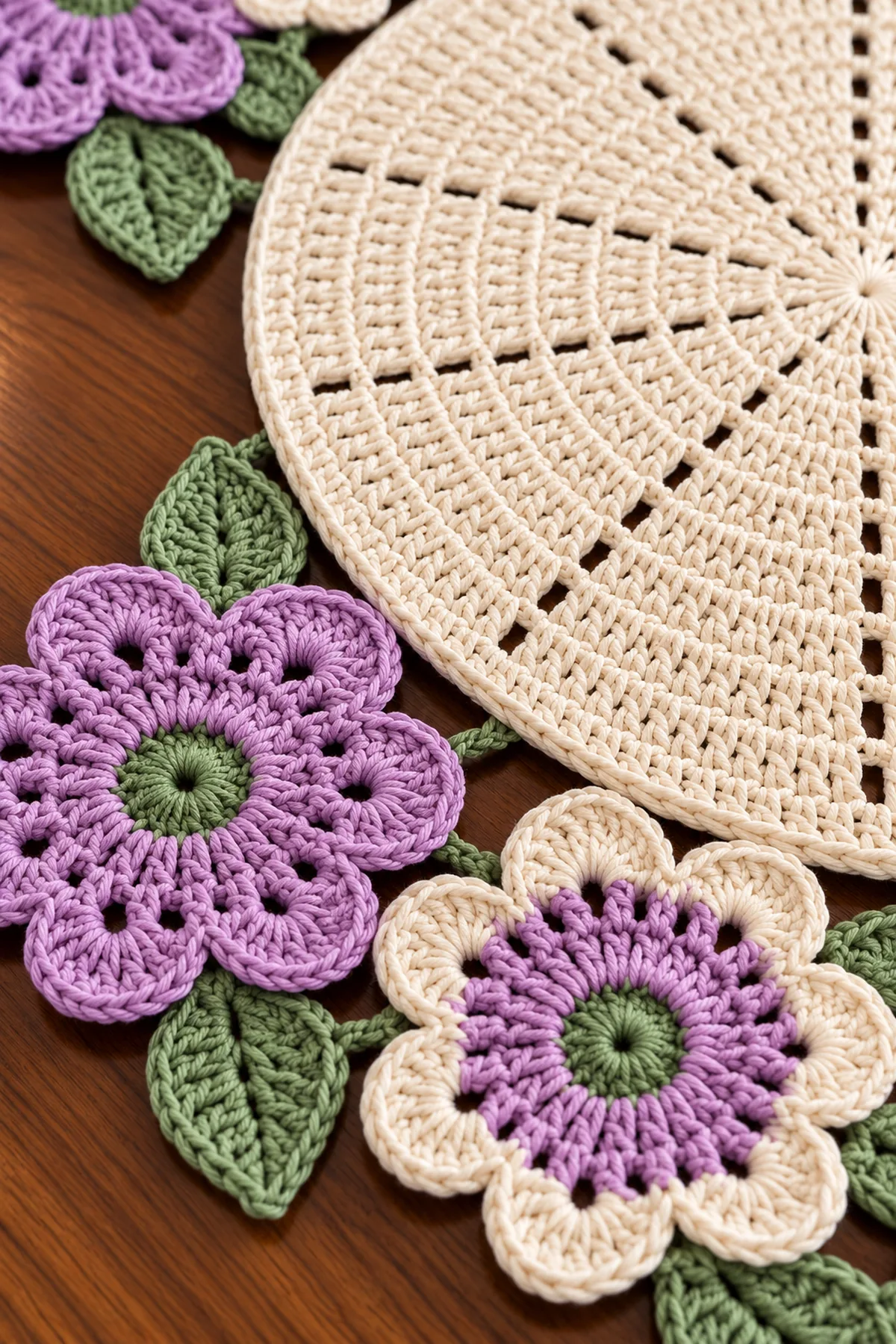 Close view of ivory radial placemat lavender and two-tone eight-petal flowers sage centers and veined leaves