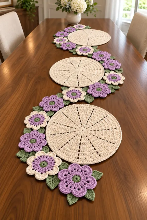 Lavender and ivory floral crochet table set with three round ivory placemats over an open flower and sage leaf garland