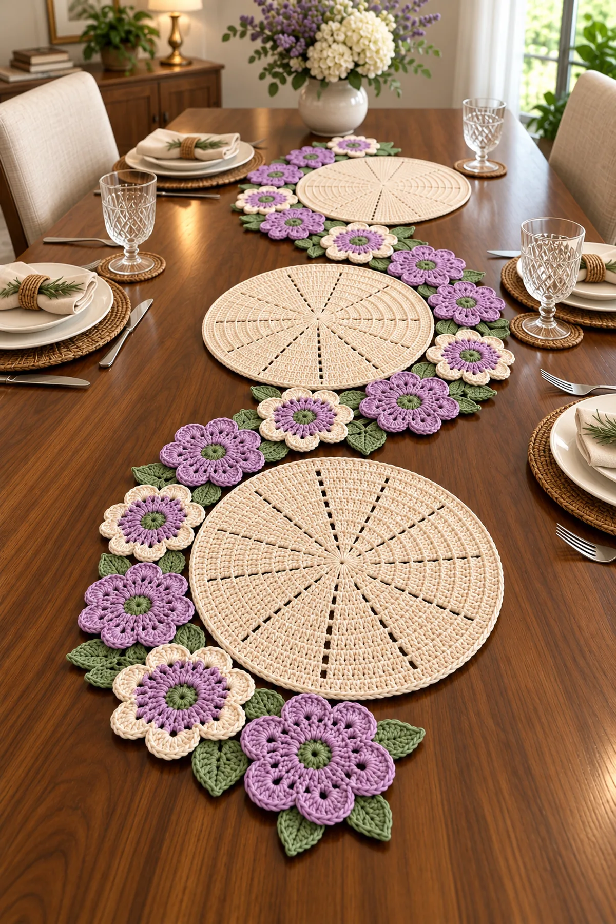 Finished lavender ivory and sage floral crochet garland with three round placemats on a warm wooden dining table