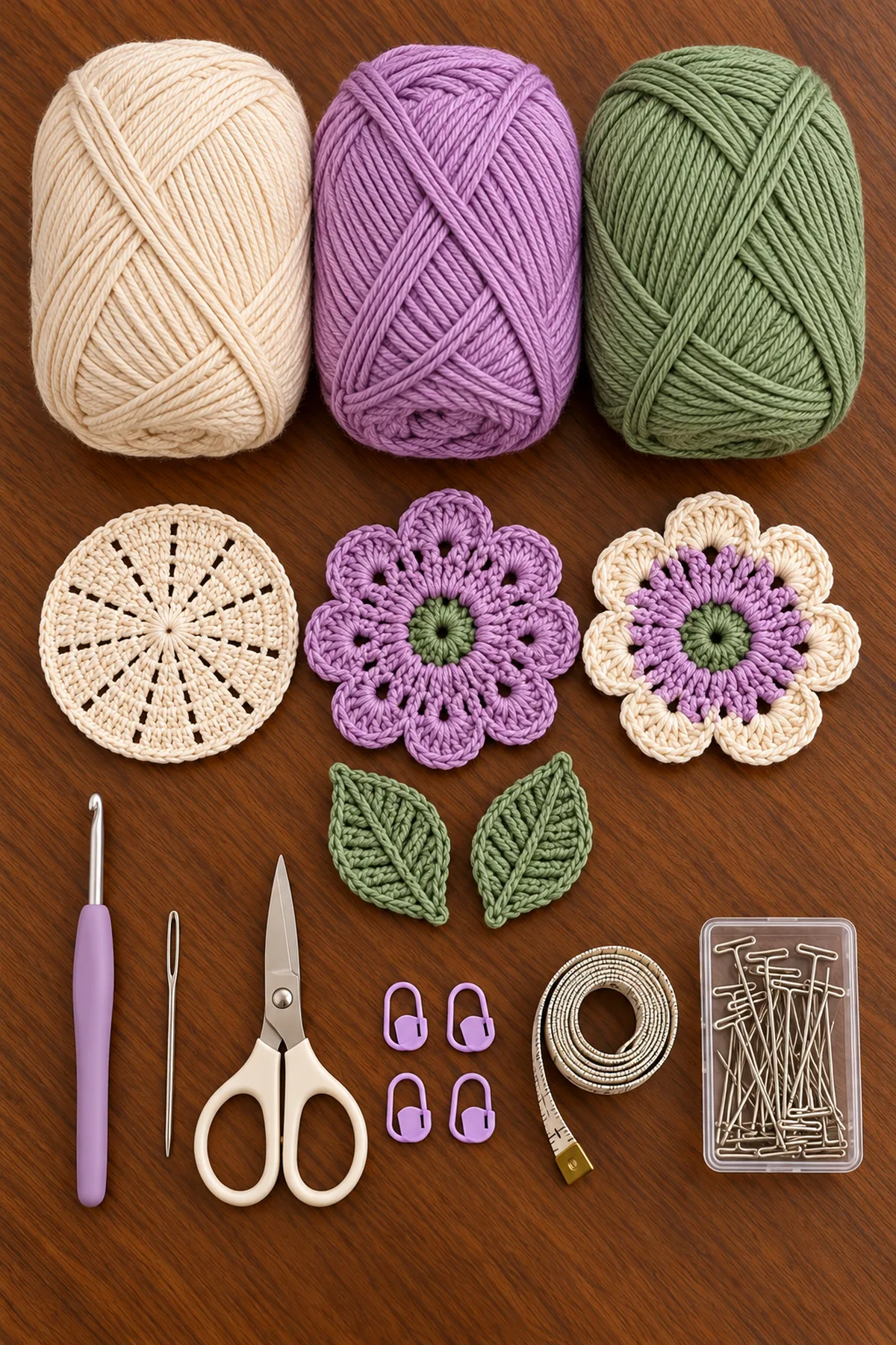 Ivory lavender and sage DK cotton yarn with hook markers needle scissors tape measure and blocking tools