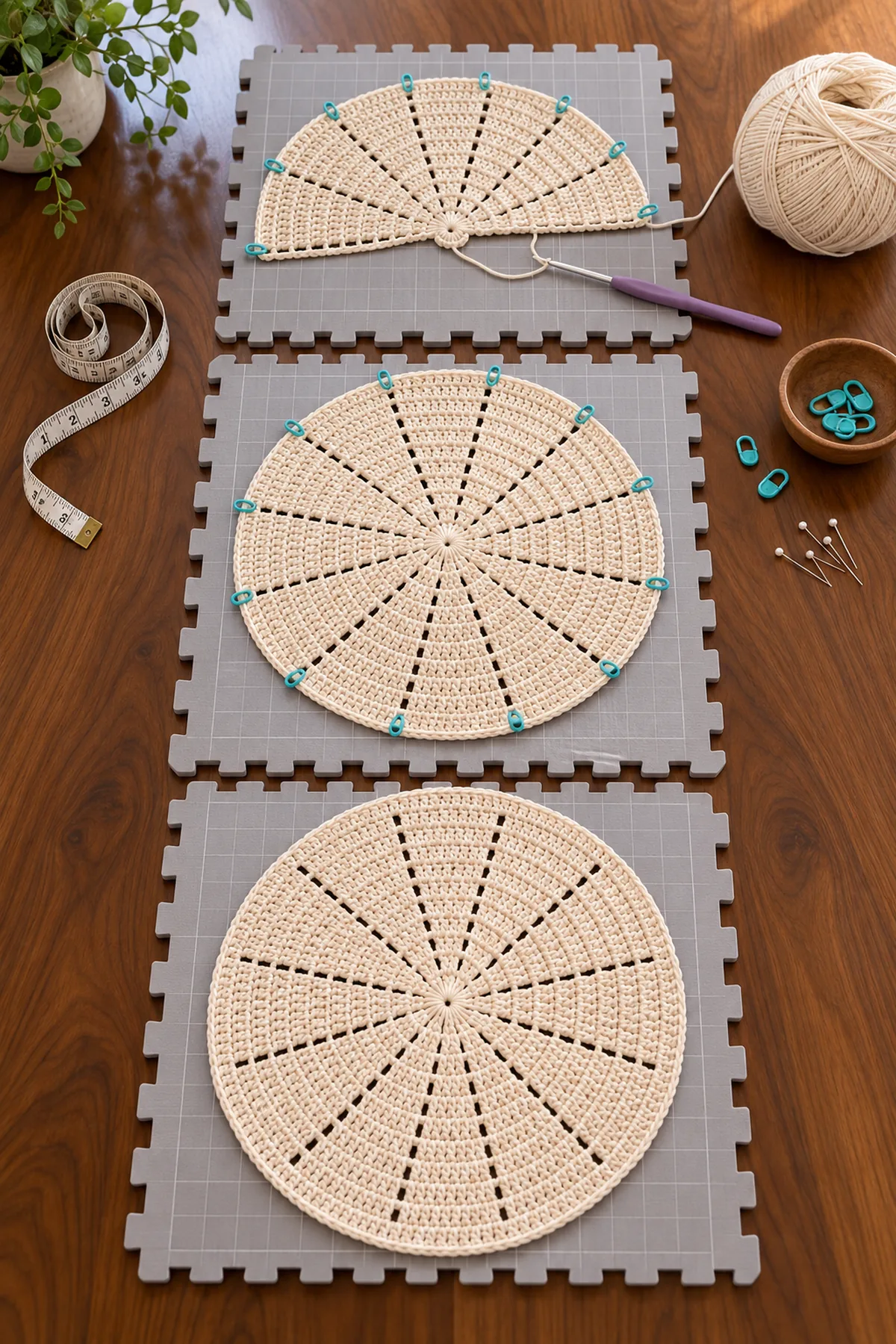Three ivory round crochet placemats with twelve radial eyelet sectors arranged on blocking mats