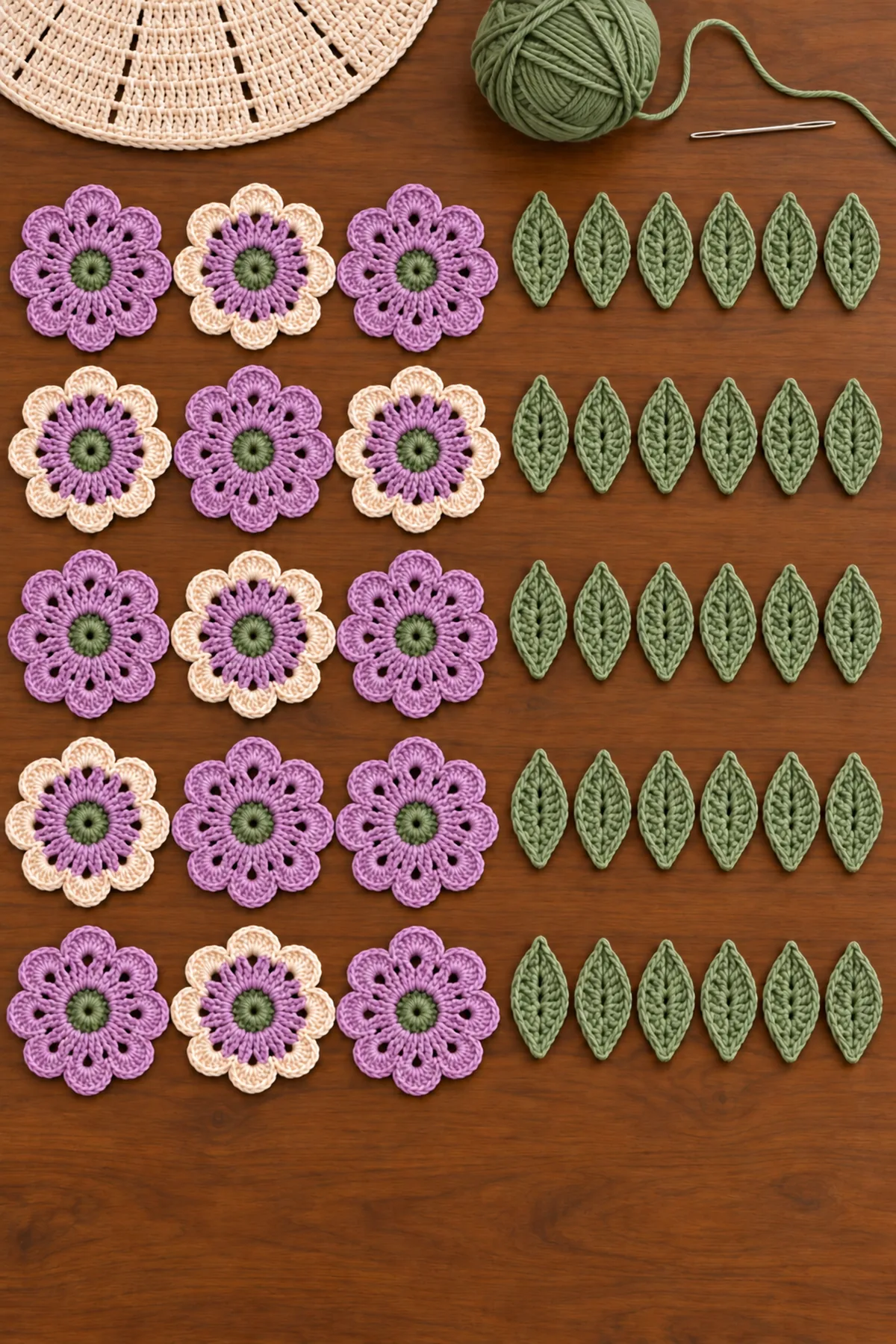 Nine solid lavender flowers six ivory and lavender flowers and thirty sage leaves arranged as an open garland
