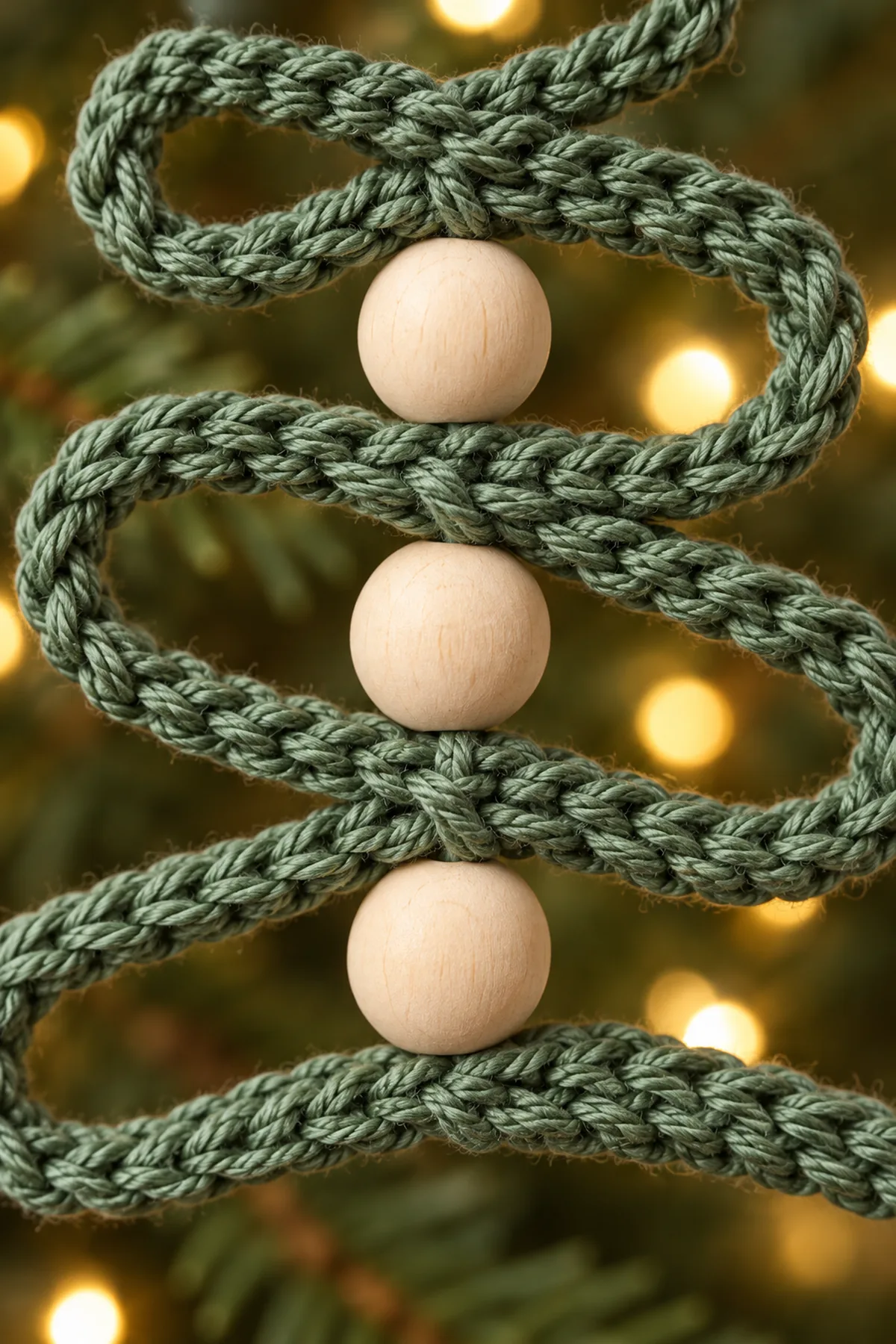 Close view of wooden beads between narrow sage crochet ribbon crossings on a central support cord