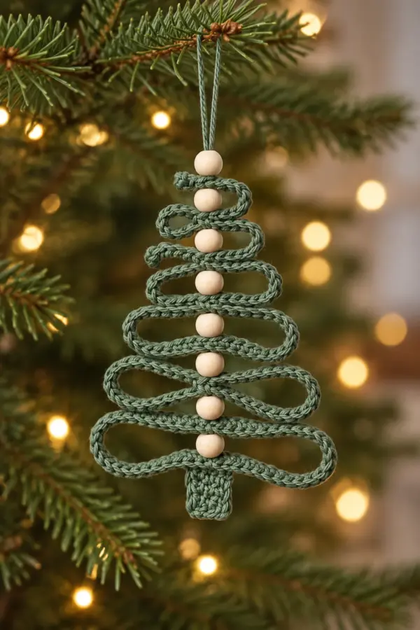 Sage-green narrow crochet ribbon tree with eight pale wooden beads in one central line a small green trunk and green hanging loop