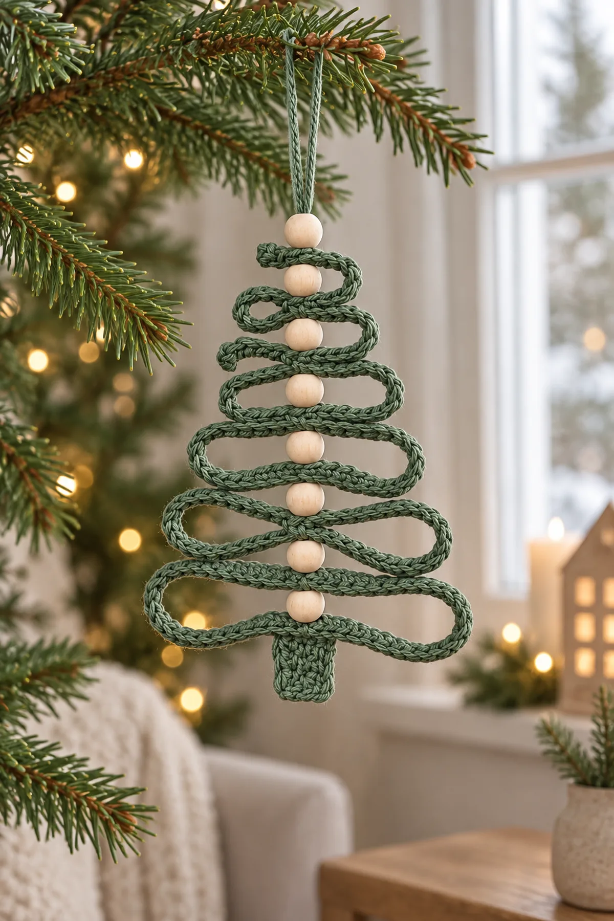 Finished minimalist sage-green beaded spiral crochet tree ornament hanging on a pine branch with eight wooden beads and a small matching trunk