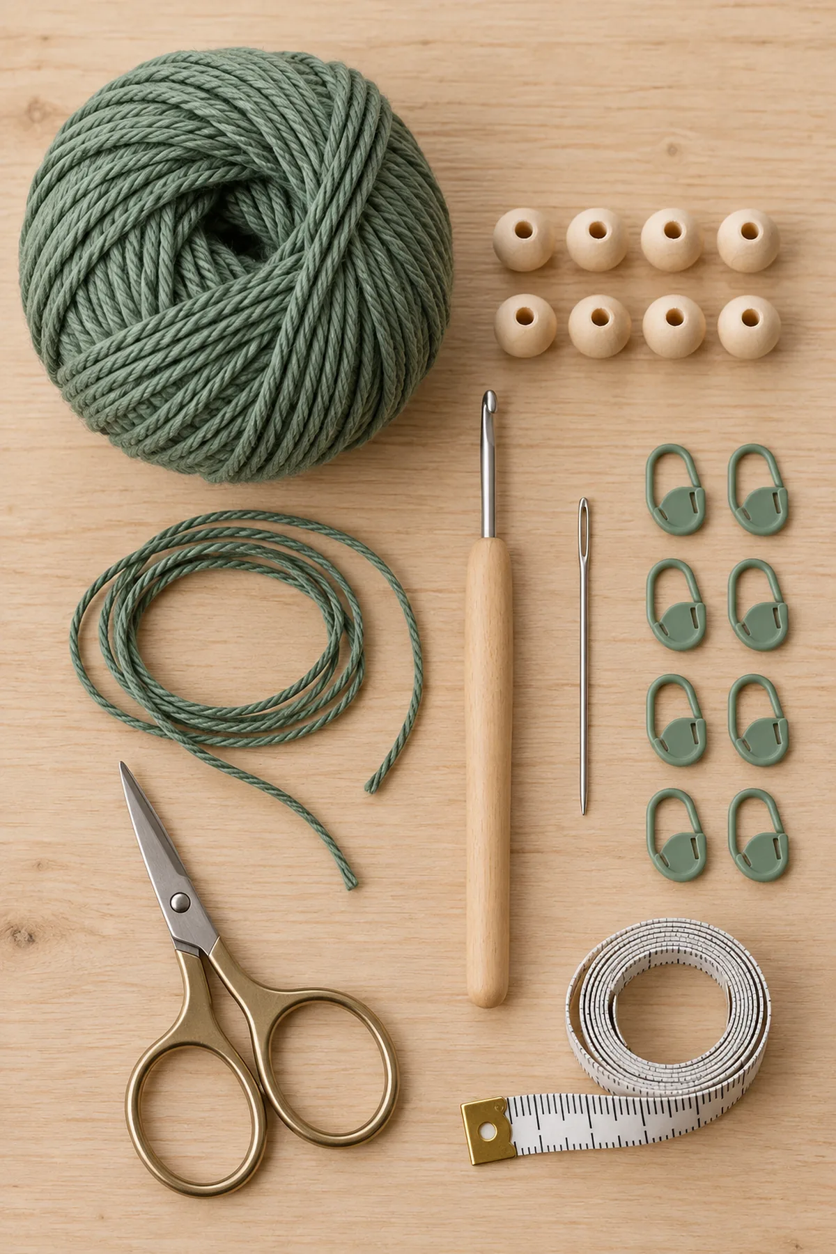Sage DK cotton yarn crochet hook exactly eight natural wooden beads green cord needle markers tape measure and scissors