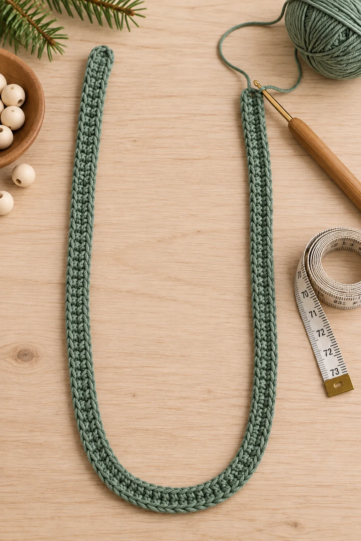 One long narrow two-row sage crochet ribbon laid flat with a hook and measuring tape before folding