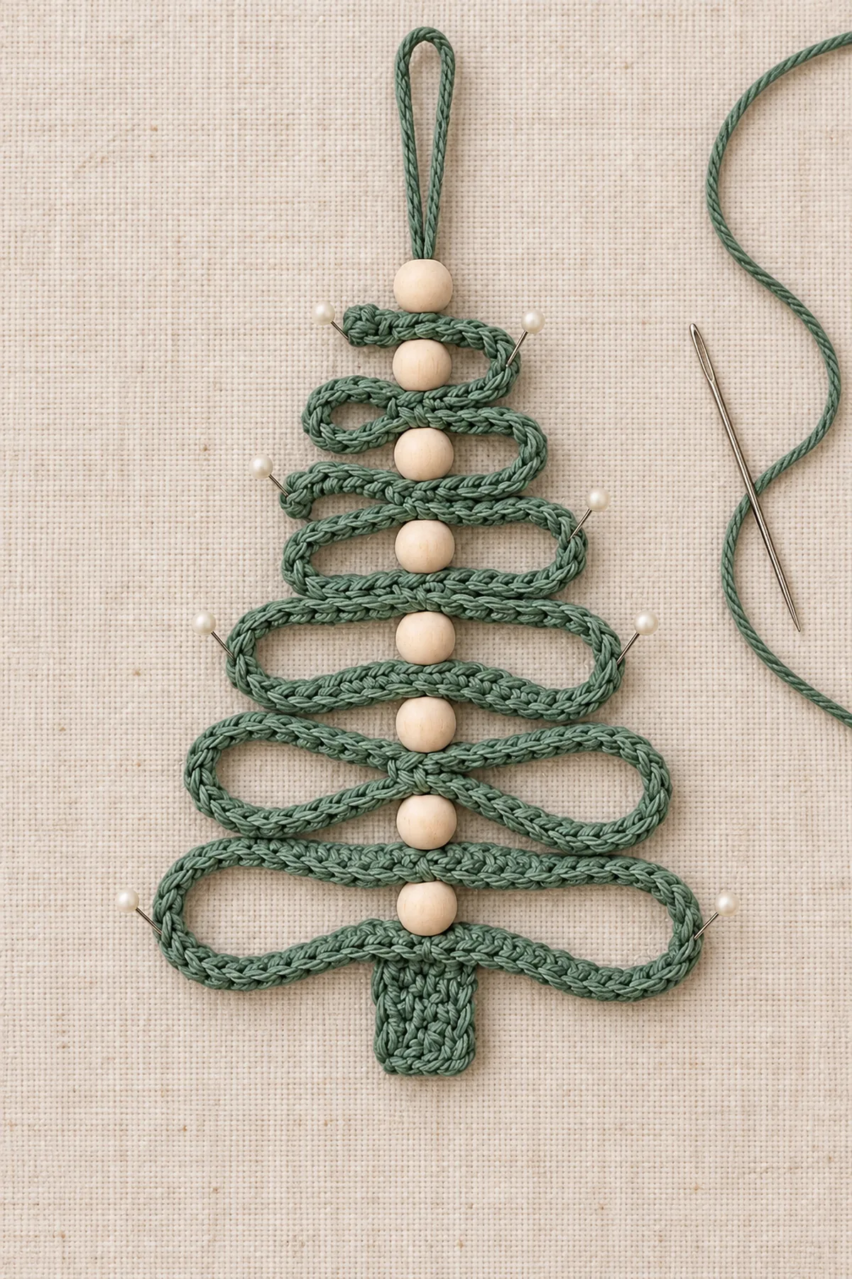 Sage crochet tree pinned for shaping with eight wooden beads along the centreline and a small matching trunk