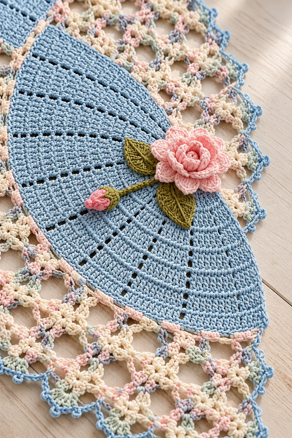 Close view of powder-blue fan stitches pink crochet rose veined sage leaves and cream flower lattice