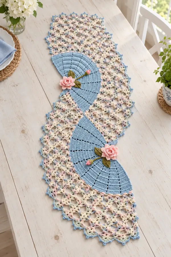 Pastel crochet lace table runner with cream floral mesh two blue semicircle fans and two pink roses