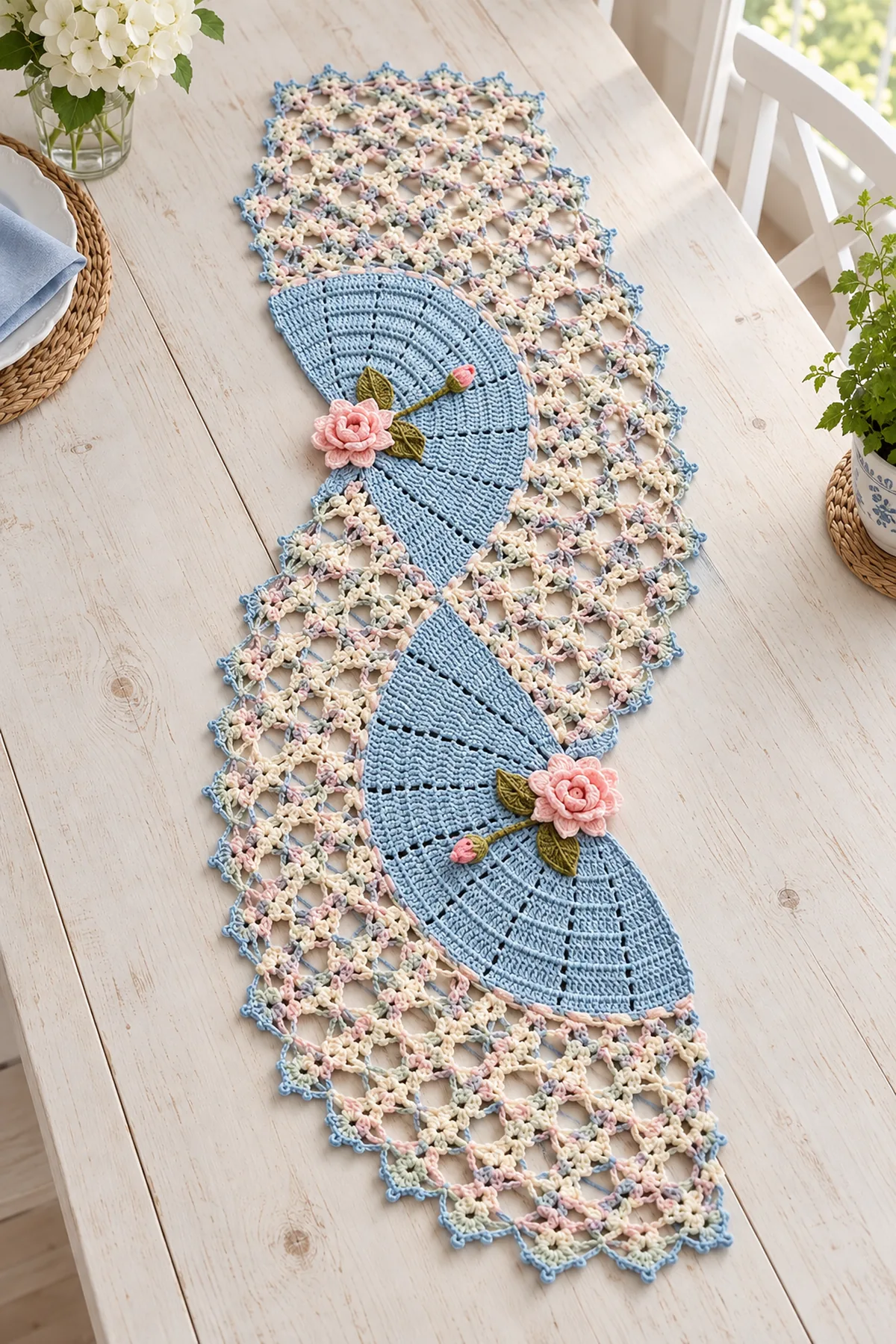 Pastel crochet lace table runner with cream floral mesh two blue semicircle fans and two pink roses