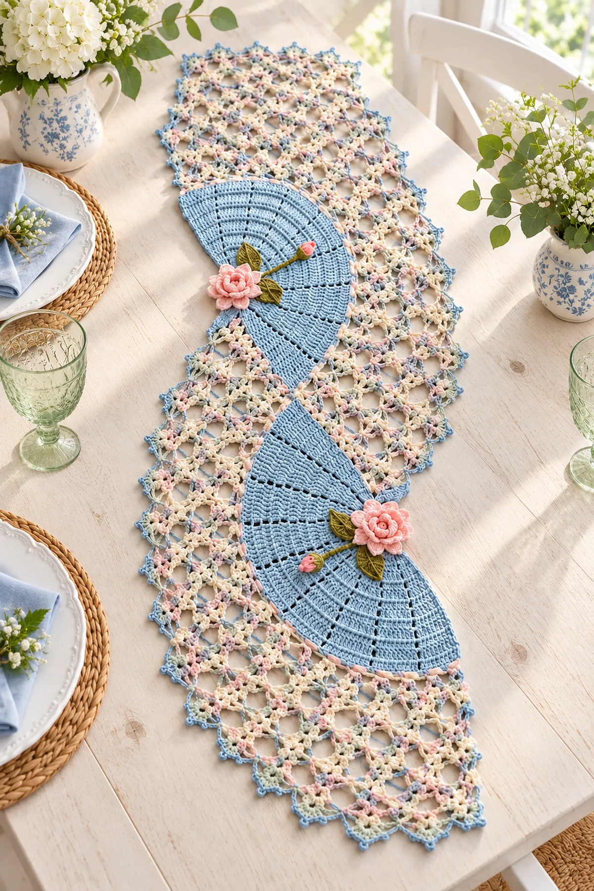 Finished pastel lace table runner with two opposite-facing blue fans and pink roses on a white dining table