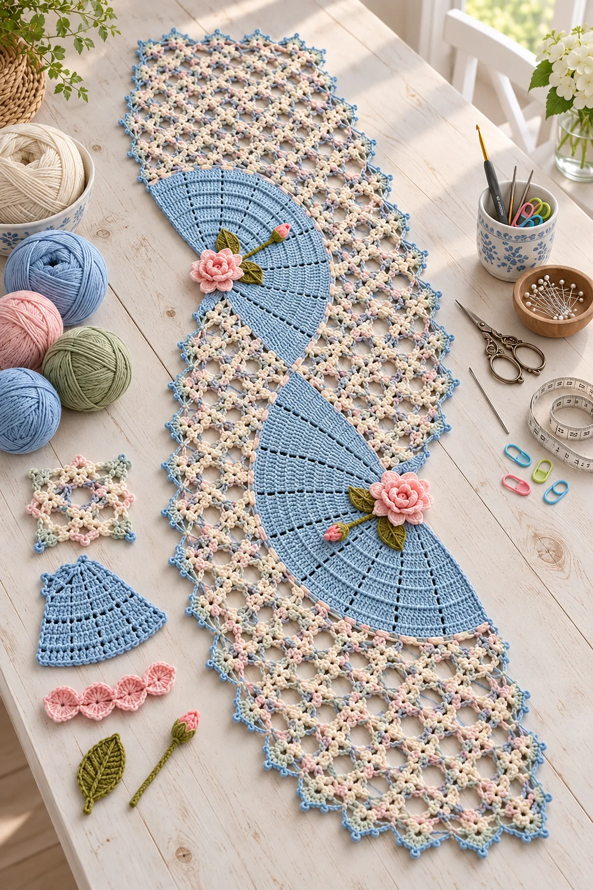 Cream powder blue blush pink and sage cotton yarn with hook needle scissors markers and blocking tools