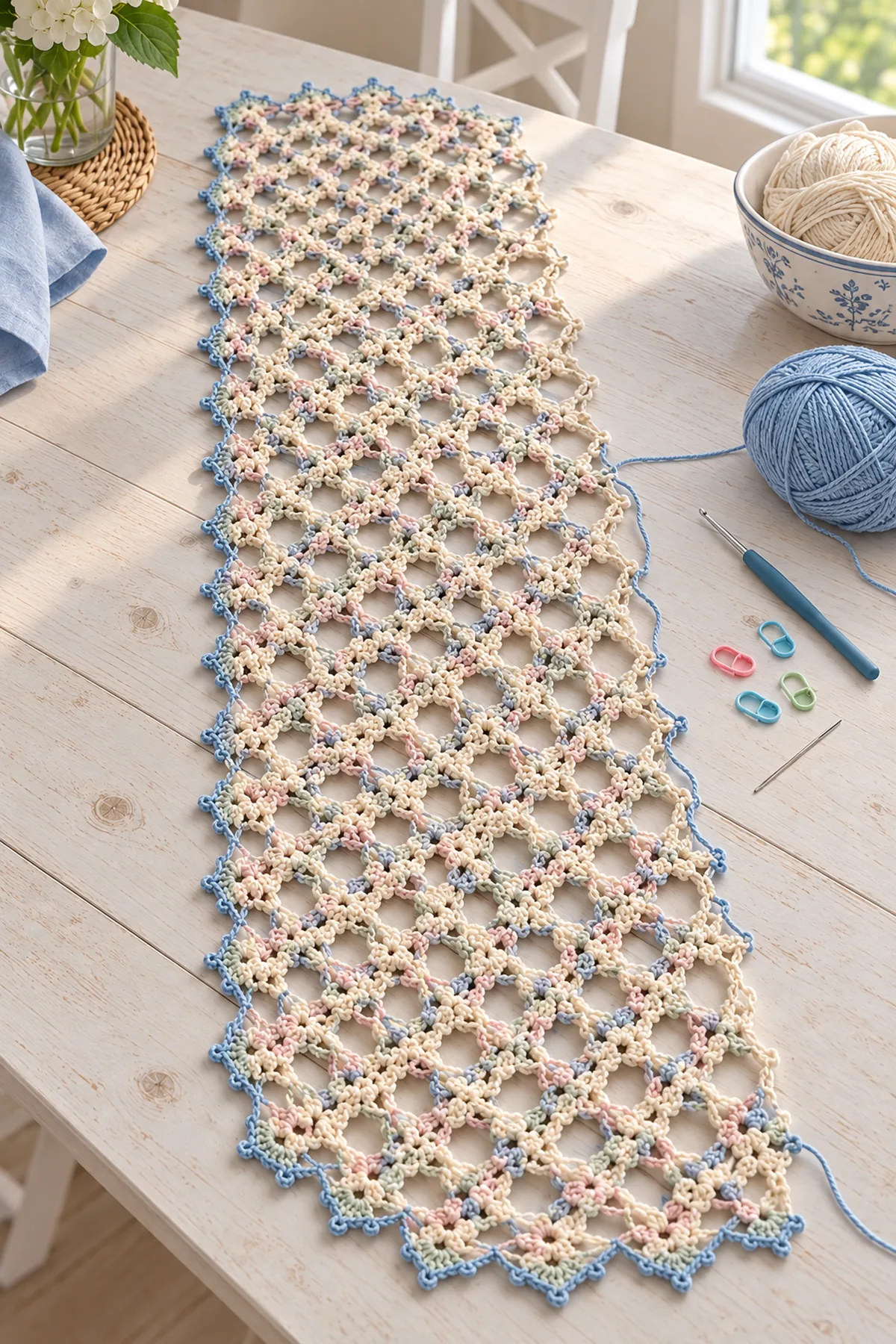 Cream pastel-flecked flower lattice panel with powder-blue scalloped border in progress