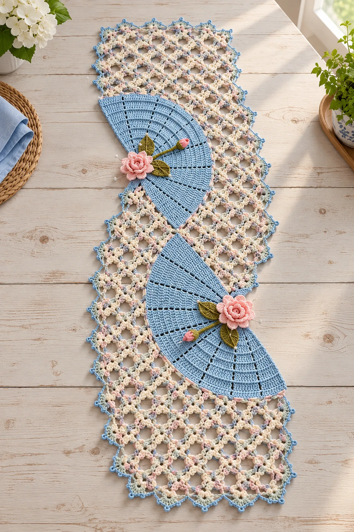 Two powder-blue semicircle crochet fans with two roses four leaves and two buds before assembly