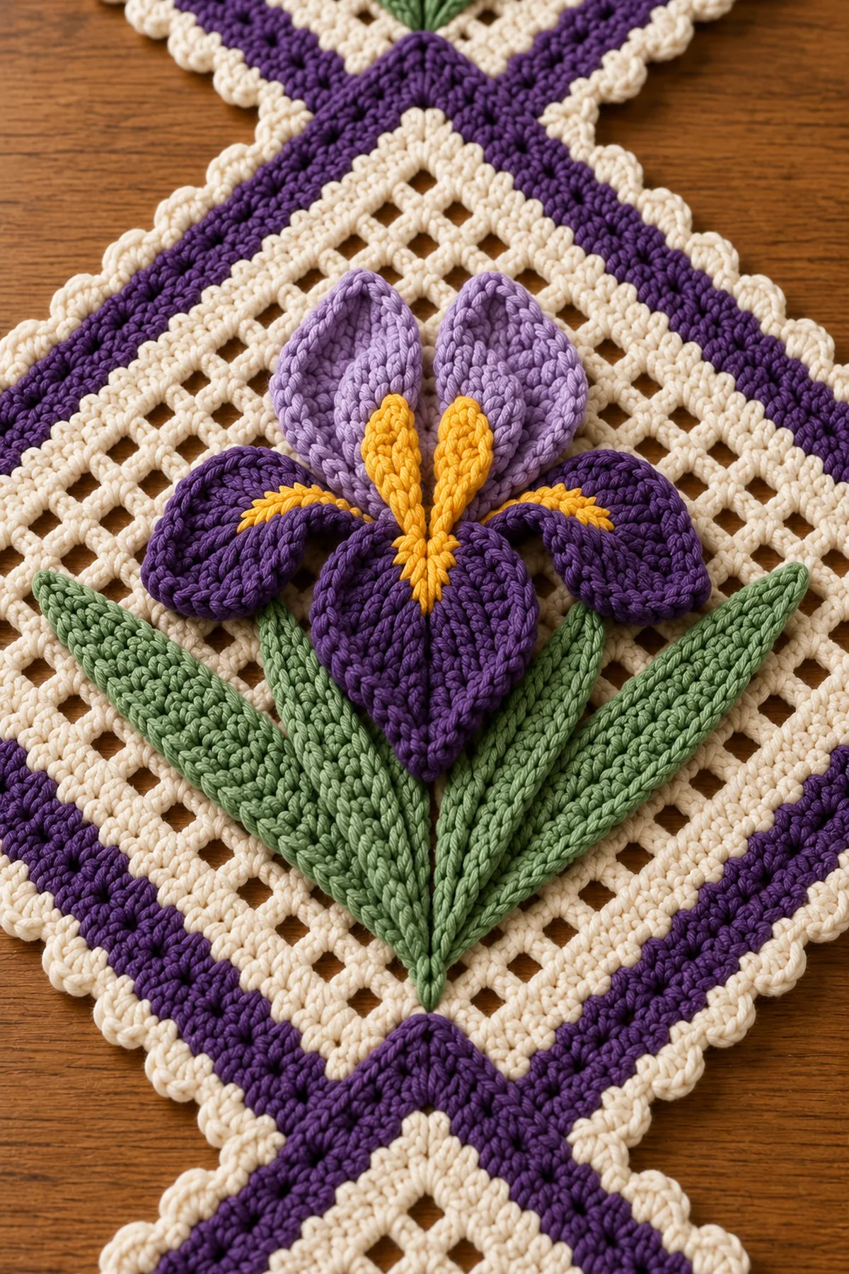 Close view of dimensional purple iris golden beard sage leaves cream filet mesh and purple border