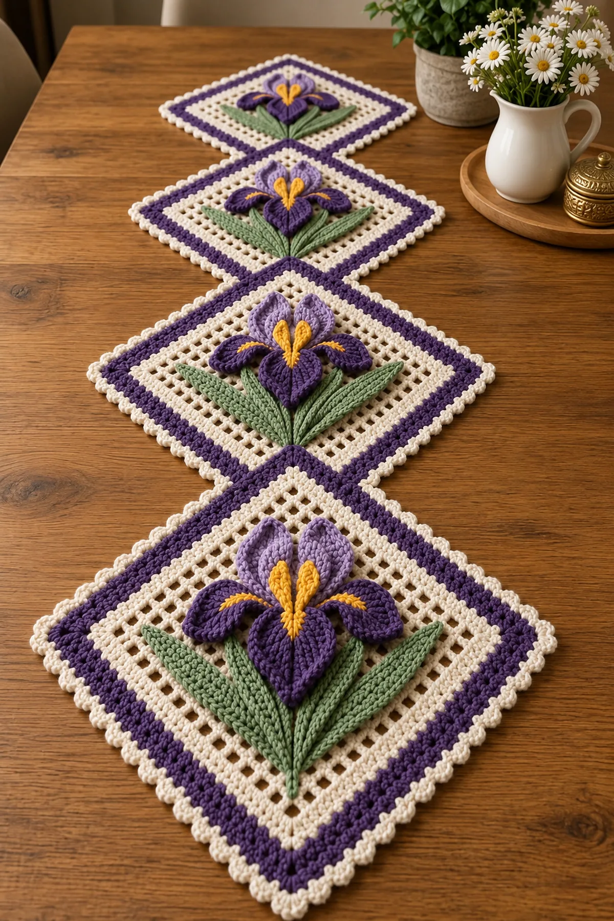 Purple iris crochet table runner with four cream mesh diamond panels purple frames and dimensional flowers